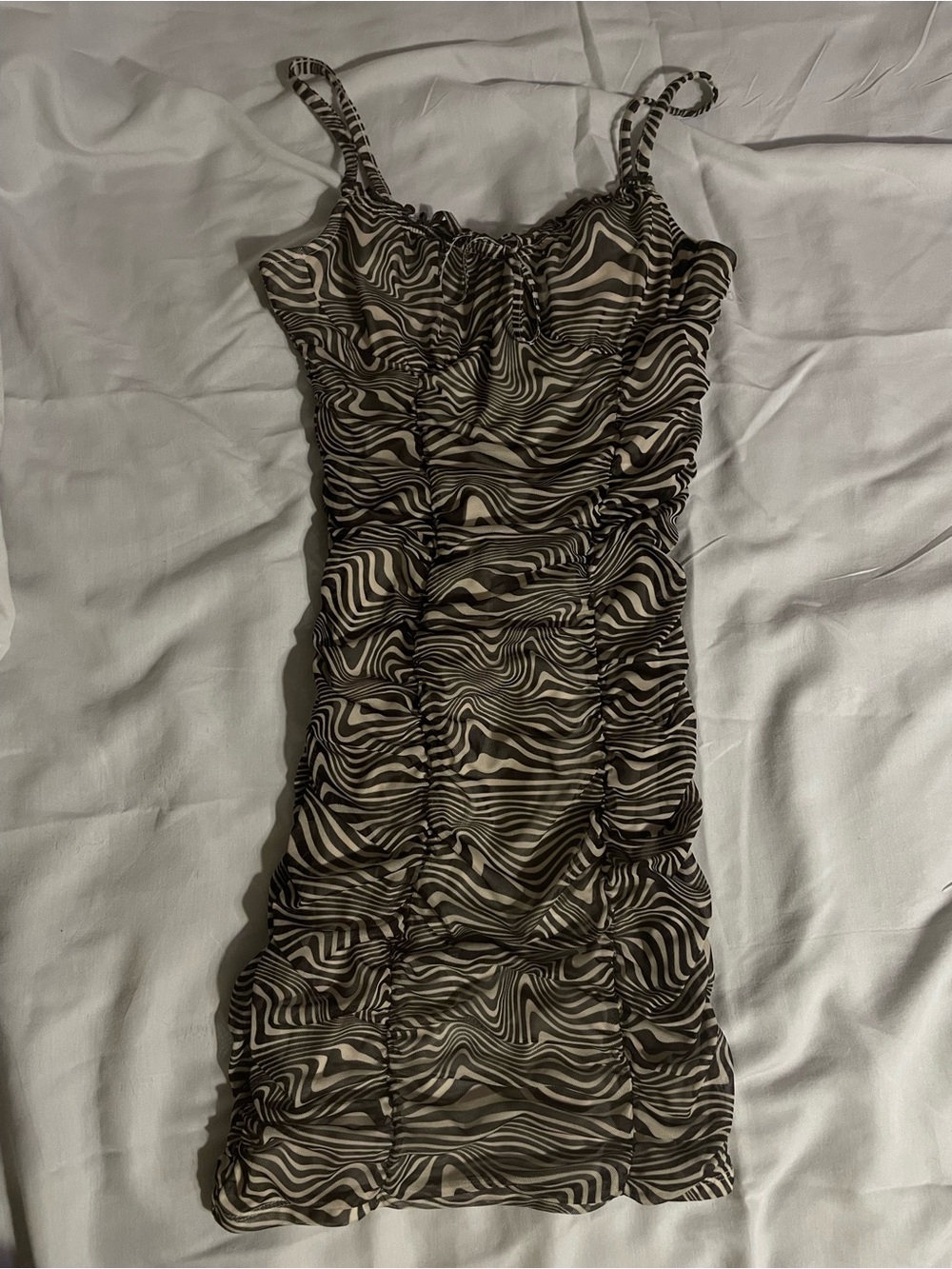 H&M Ruched Zebra-Print Mini Dress in Black and Cream